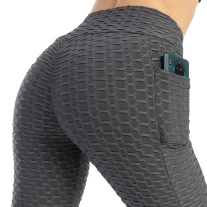 Women Fashion Pocket Bubble Pants Stretchy Slim Leggings Gym Running Cycling Fitness Pants High Waist Hip Lift Leggings Female.