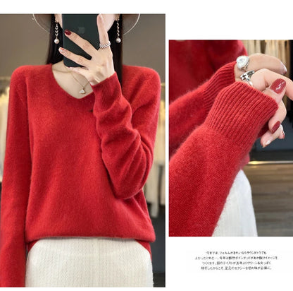 2024 100% Merino Reine Wolle V-ausschnitt Herbst Und Winter Pullover Pullover Neue Kaschmir Pullover frauen Beiläufige Gestrickte Top DMR201