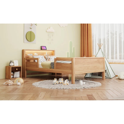 Multifunktions-Holzbett, USB- und Tape-C-Kombinationssteckdose, kleines LED-Licht, Kopfteil mit Einlagerfunktion, Einzelbett