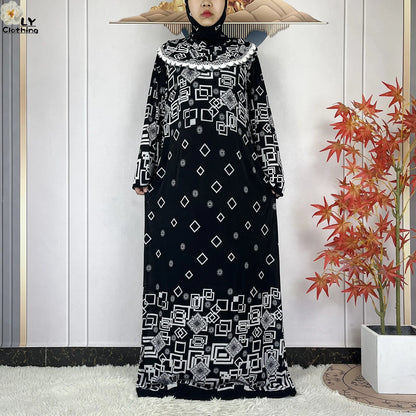 Muslim Ramadan Prayer For Women Long Sleeved Floral 2023Dubai Turkey Middle East Femme Loose Robe African Abayas Headscarf Dress