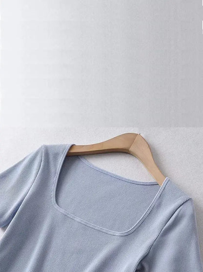 Frauen quadratischen Hals Rippe Ernte T-Shirt Kurzarm Crop Top
