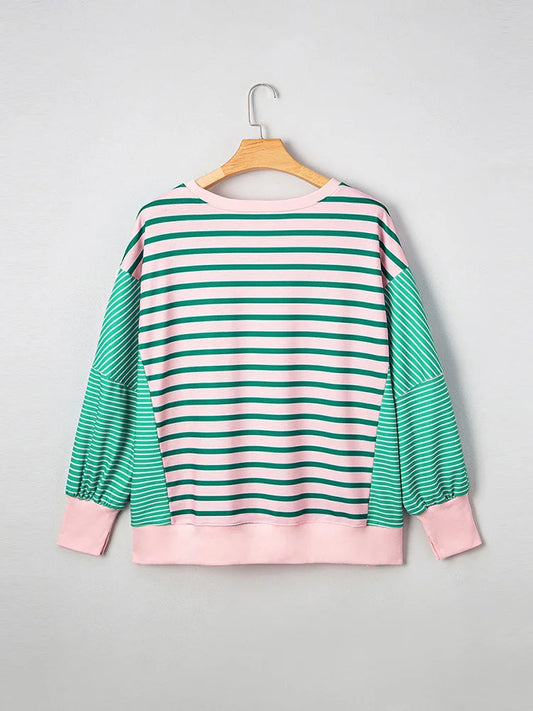 GIBSIE Plus Größe Gestreiften Oansatz Langarm Schlitz Sweatshirt Frauen 2025, Herbst Mode Lose Passenden Casual Pullover Jumper Top.