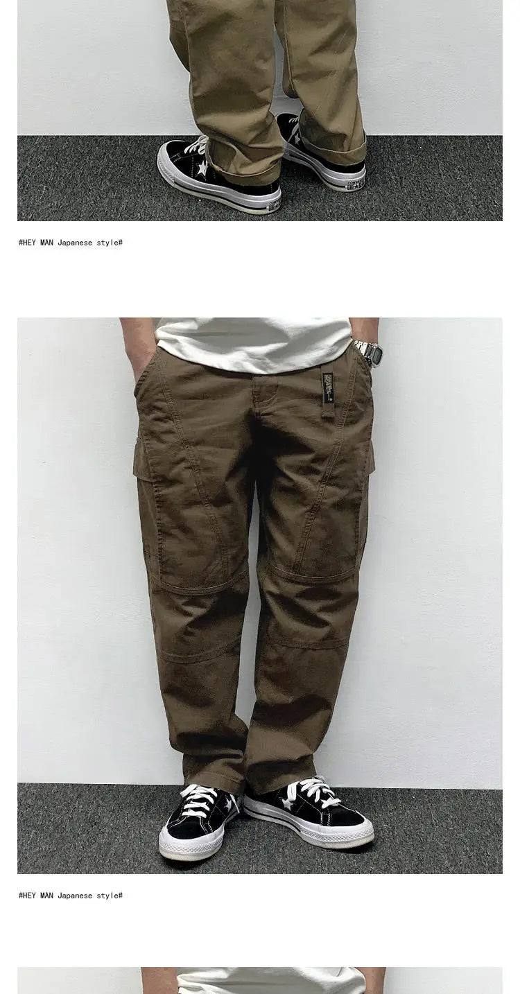 Autumn Men's Pants Multi-Pocket Cargo Pants Retro Solid Color Simple Loose Button Elastic Strap Casual Pants.
