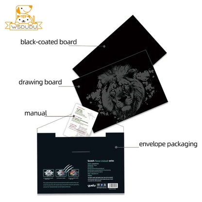 2 Sheets Animal Scratch Art Paper Set with Stylus DIY Rainbow Craft Lion Unicorn Cat Dog Painting Toy Creative Kids Adults Gift.