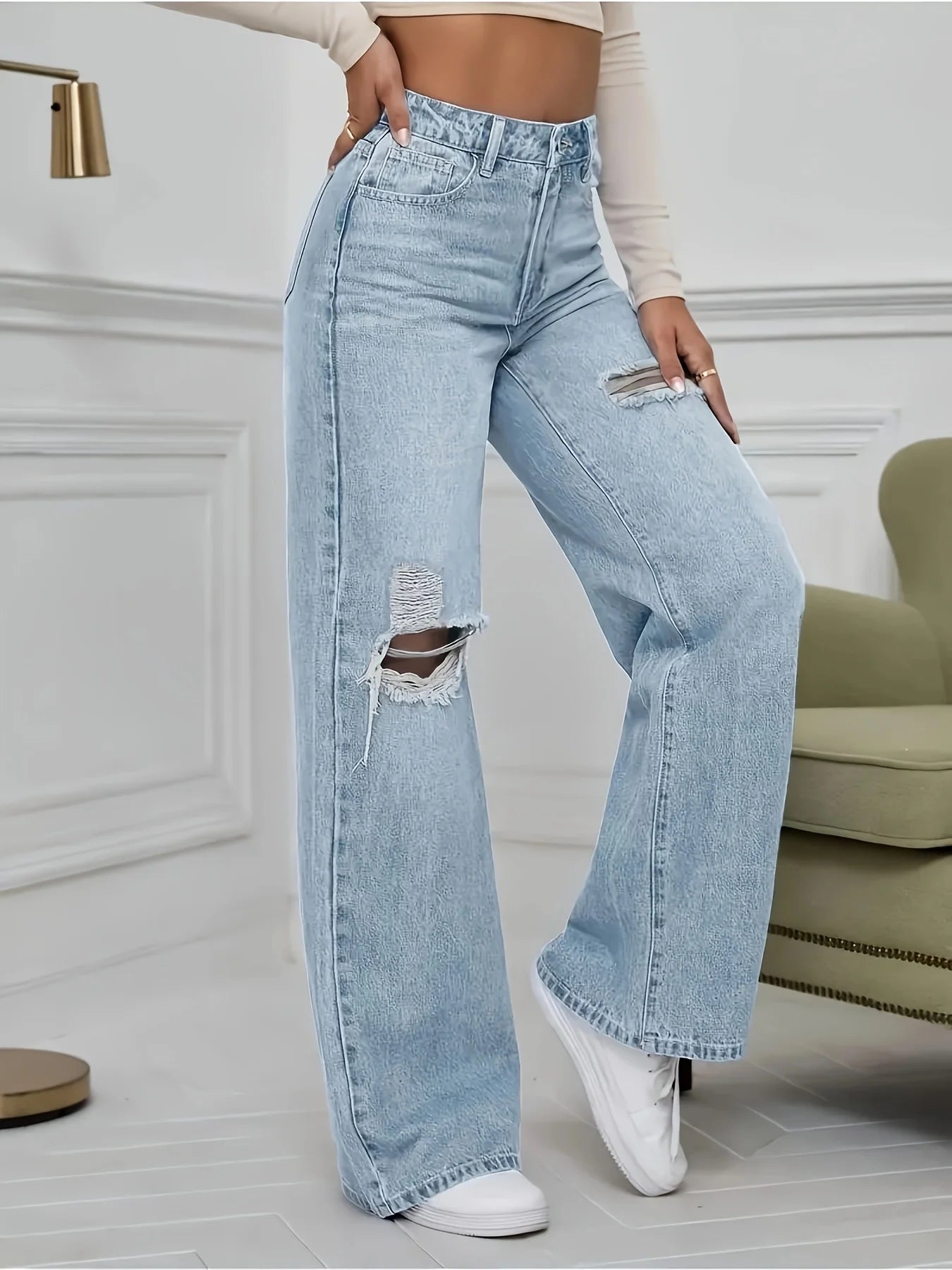 Plus size women's jeans fashion stretch ripped trousers j classic five-pocket cut jeans.
