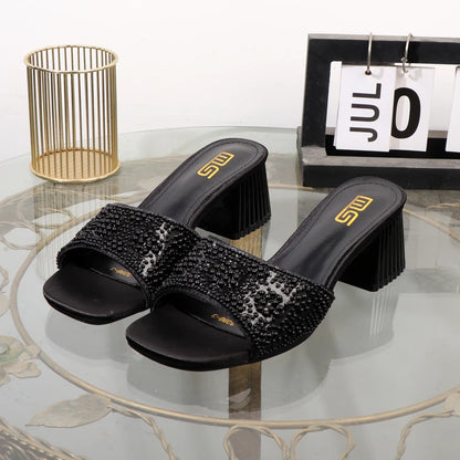 High-heeled slippers 2024 summer fashion new thick with square head luxurious ladies slippers coarse heel 6CM.