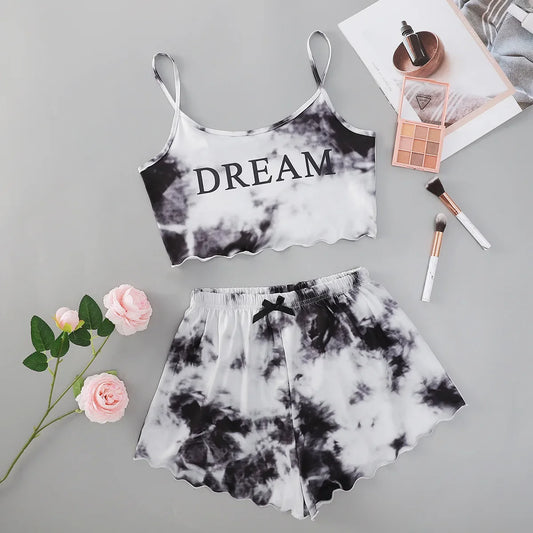 Sommer pyjamas setzt Frauen Nachtwäsche sexy Dessous niedlichen krawatten gefärbten Druck ärmellose O-Ausschnitt dünne Tops mit Shorts Set Unterwäsche.