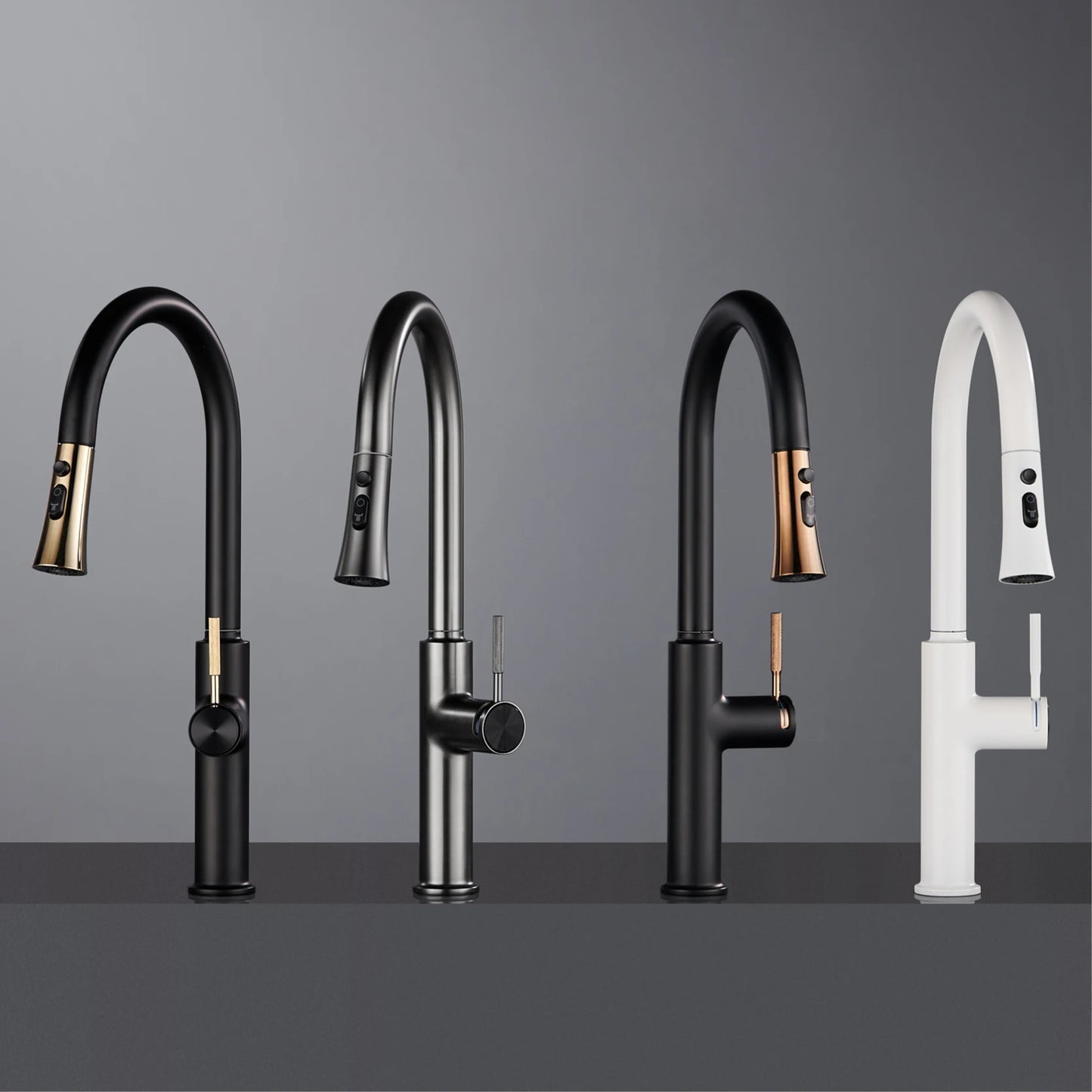 Luxury brushed gold kitchen faucet with pull-out design, 1-hole single handle cold and hot dual control dual function sink Tap