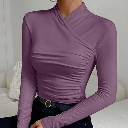 Sexy Elegant Fall Winter Long Sleeve Cross Pleated Pullover Women's Modal Solid Color Irregular Tops Street Daily Versatile Tees