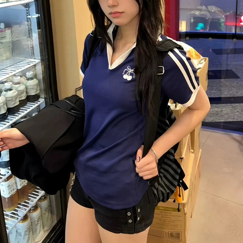Deeptown Vintage Embroidery Women T-Shirts Striped Short Sleeve American Style Polo Neck Tees Slim Preppy Gyaru Summer Youthful.