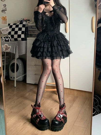 Sheer Kawaii Hosiery Ultra Thin Medias New JK Lolita Girl Thigh High Pantyhose Red Heart Print Women Tights Nylon Body Stockings.