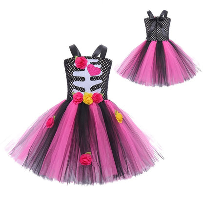 Halloween Kinder Kleid Cosplay Herz druck Skelett Kostüme Mädchen Blumen Schädel Tutu Kleidung Kinder Karneval Leistung Outfits