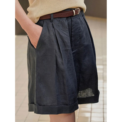 Summer Korea Style Lazy Linen Curled Bermuda Shorts Wide Leg Loose Slim Casual Hot Pants For Women.