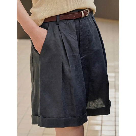 Summer Korea Style Lazy Linen Curled Bermuda Shorts Wide Leg Loose Slim Casual Hot Pants For Women.