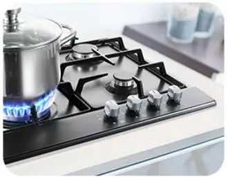 4 Burners Black Enamelled Plate 58 cm Automatic Flame Protection, Natural Gas and Propane Gas, Built-in Gas Hob.