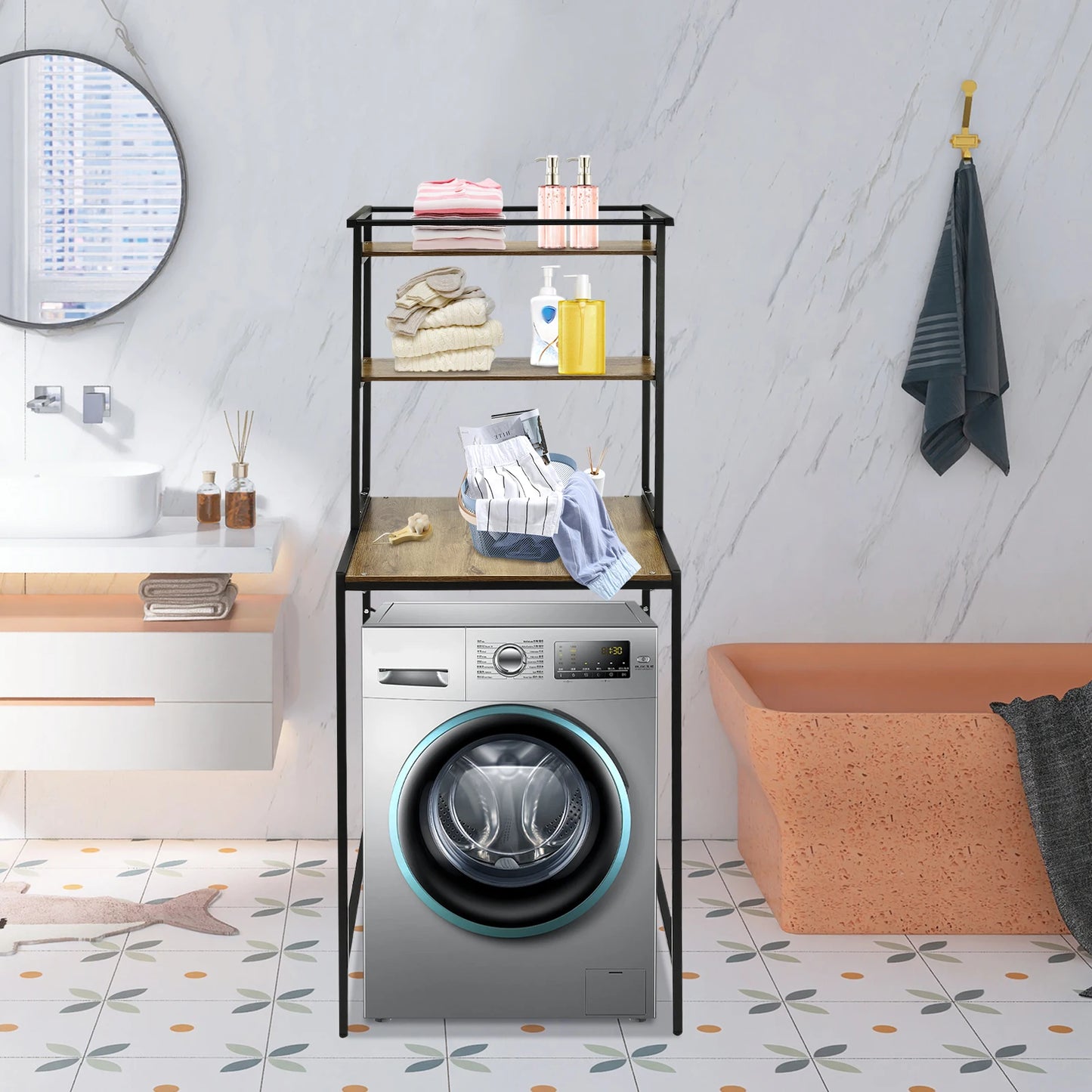 3-stufiges Aufbewahrungsregal für Waschmaschinen und Trockner, robustes Wäscheständer mit Bodenfach, Organizer-Ständer für Badezimmer, Waschküche