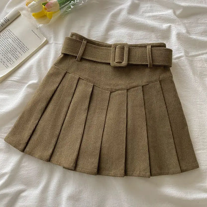 Pleated Mini Skirts Women Japan Students Corduroy Preppy Style Autumn Winter Basic Solid Bottoms Chic Vintage JK Slim All-match