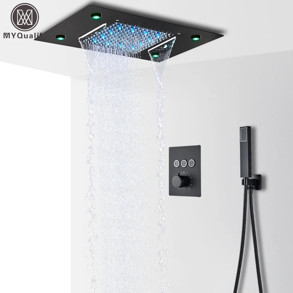 Thermostatic Mixers Bathroom Shower Faucet Set Led Rain Waterfall Bathtub Shower System Remote Control Colors Ceiling Mounted