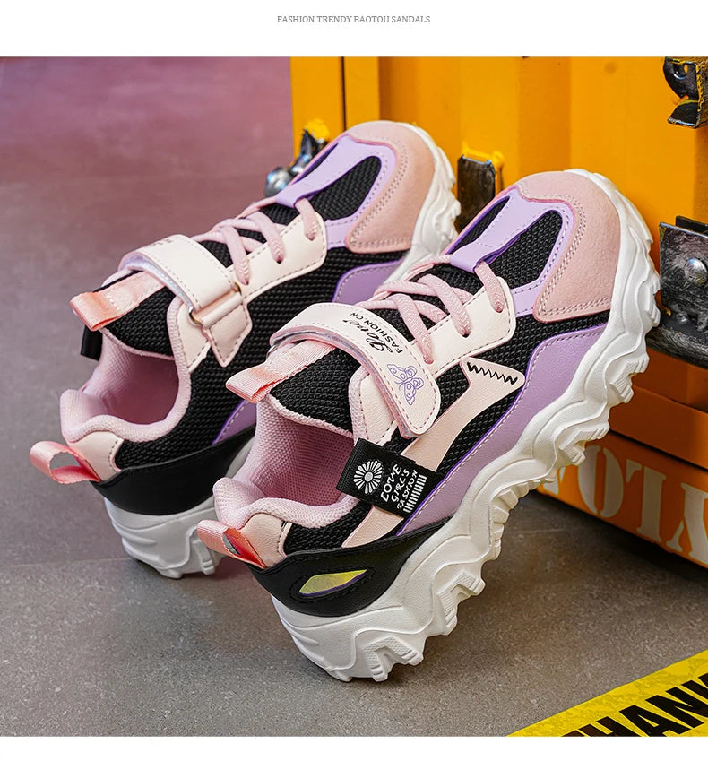 Fashion Children Shoes Girls Sneaker Black Pink PU Leather Platform Casual Sneaker School Tennis Sports Shoes for Girls