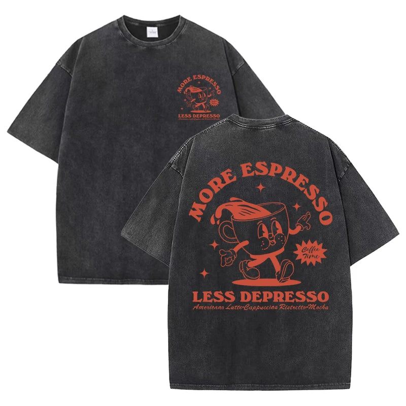 More Espresso Less Depresso Letter Cup Drink Print Washed Womens Tee Shirt Cotton T-Shirts New Breathable Clothes All-Match  Top.