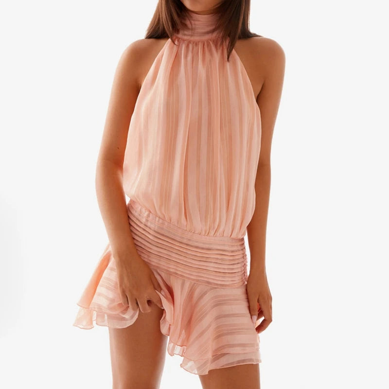 Frauen Sexy Halter Rüschen Mini Kleid Lace Up Backless Strand Party Kleider 2025, Sommer Mode Urlaub Dame Cocktail Vestidos.