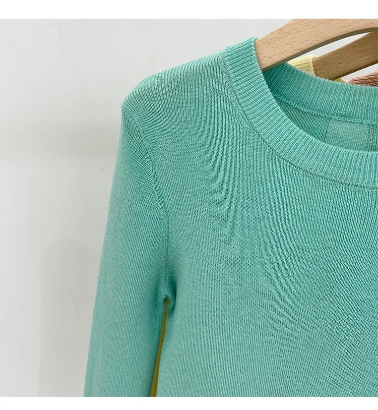 Spring  Basic O-Neck Slim T-Shirt Women Solid Multi Color All-Match Trend Casual Top Screw Knit Long Sleeve Elastic Office Lady