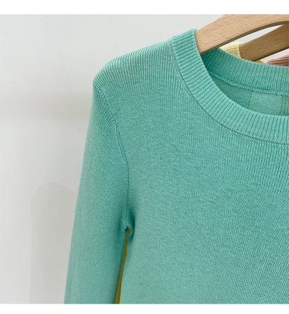 Spring  Basic O-Neck Slim T-Shirt Women Solid Multi Color All-Match Trend Casual Top Screw Knit Long Sleeve Elastic Office Lady