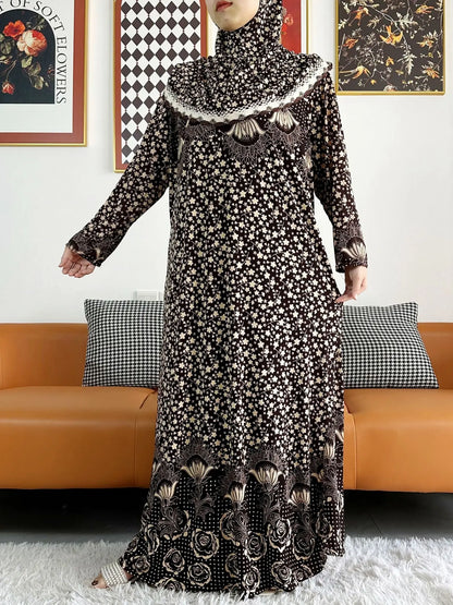 2023 Muslim Solid Cotton Abaya For Women Ramadan Prayer Garment Joint Hat Dubai Turkey Middle East Femme Robe Floral Loose Dress