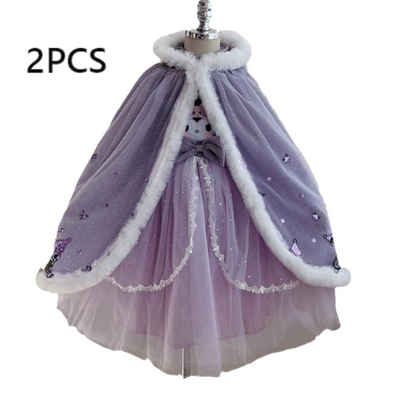 Anime Kuromi Lolita Kleid und Umhang Set Strickpullover Spleißen Mesh Prinzessin Kleid Partykleid Herbst Winter Urlaub Geschenk