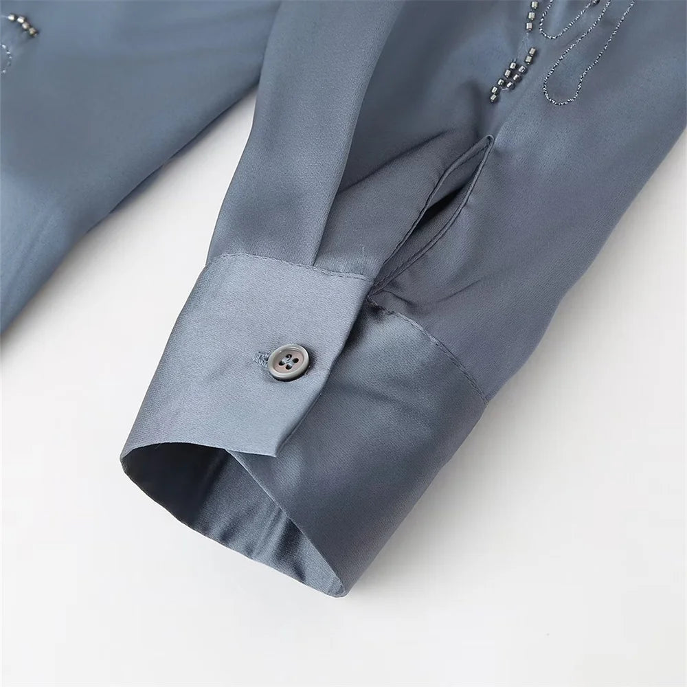 Summer New Product Women's Style Flip Collar with Beaded Embroidered Shirt, High Waist Straight Leg Pants Set.