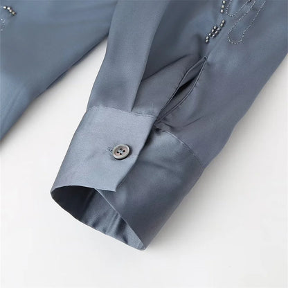 Summer New Product Women's Style Flip Collar with Beaded Embroidered Shirt, High Waist Straight Leg Pants Set.