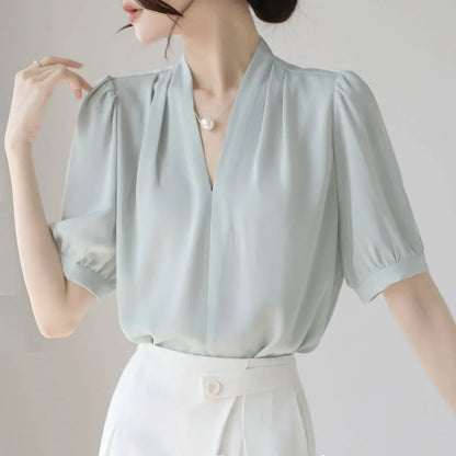 2025 Fashion Summer Short Sleeve V-Neck Women Blouse White Blouse Shirt Women Tops Blouses Shirts Blusas De Mujer Camisas P856.