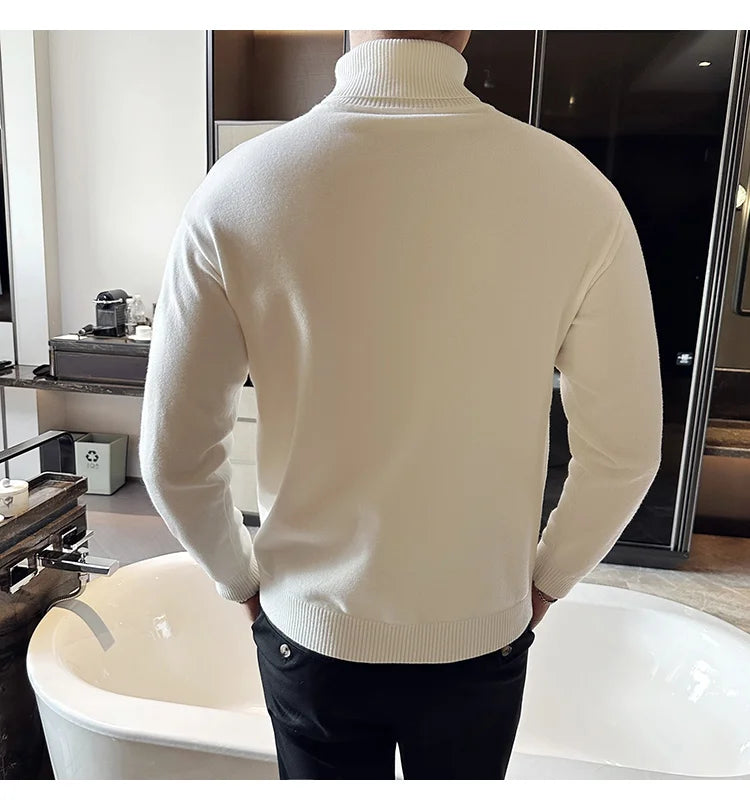 Korean Fashion Autumn Winter Sweaters Men Pullovers Fleece Turtleneck Knitted Sweatshirt Warm Bottoming Shirts.