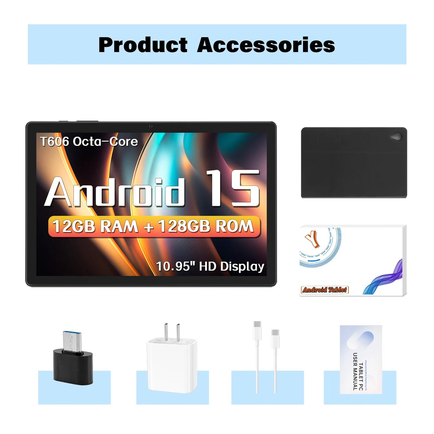 ANRY 10.95 Inch Tablet Android 15 HD Display 12GB RAM 128 ROM Fast Charging 8000mAh 5G WiFi Octa-Code Android Tablets with Case.