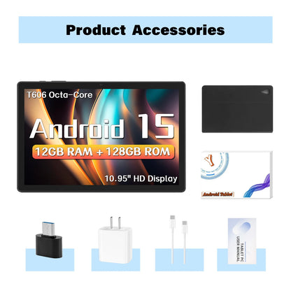 ANRY 10.95 Inch Tablet Android 15 HD Display 12GB RAM 128 ROM Fast Charging 8000mAh 5G WiFi Octa-Code Android Tablets with Case.