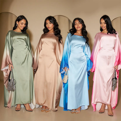 Gradient Batwing Butterfly Sleeve Satin Abaya Dubai Luxury Muslim Kaftan Dress For Women Kebaya Caftan Marocain Femme Vestidos.