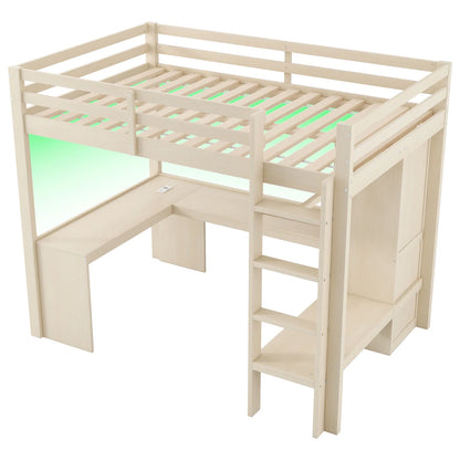 Modernes Kinder-Hochbett 140 x 200 mit Multifunktionsregalen, Unterbett-Schreibtisch, LED-Licht und USB, Kleiderschrank mit Stauraum, für Schlafzimmer