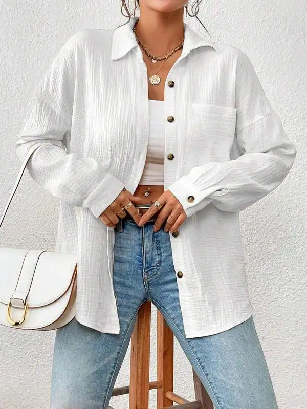 Summer 100% Cotton Women Shirts Casual Turn Down Collar Shirt Top Long Sleeve Top Office Lady Elegant Blouses for Women Blusas