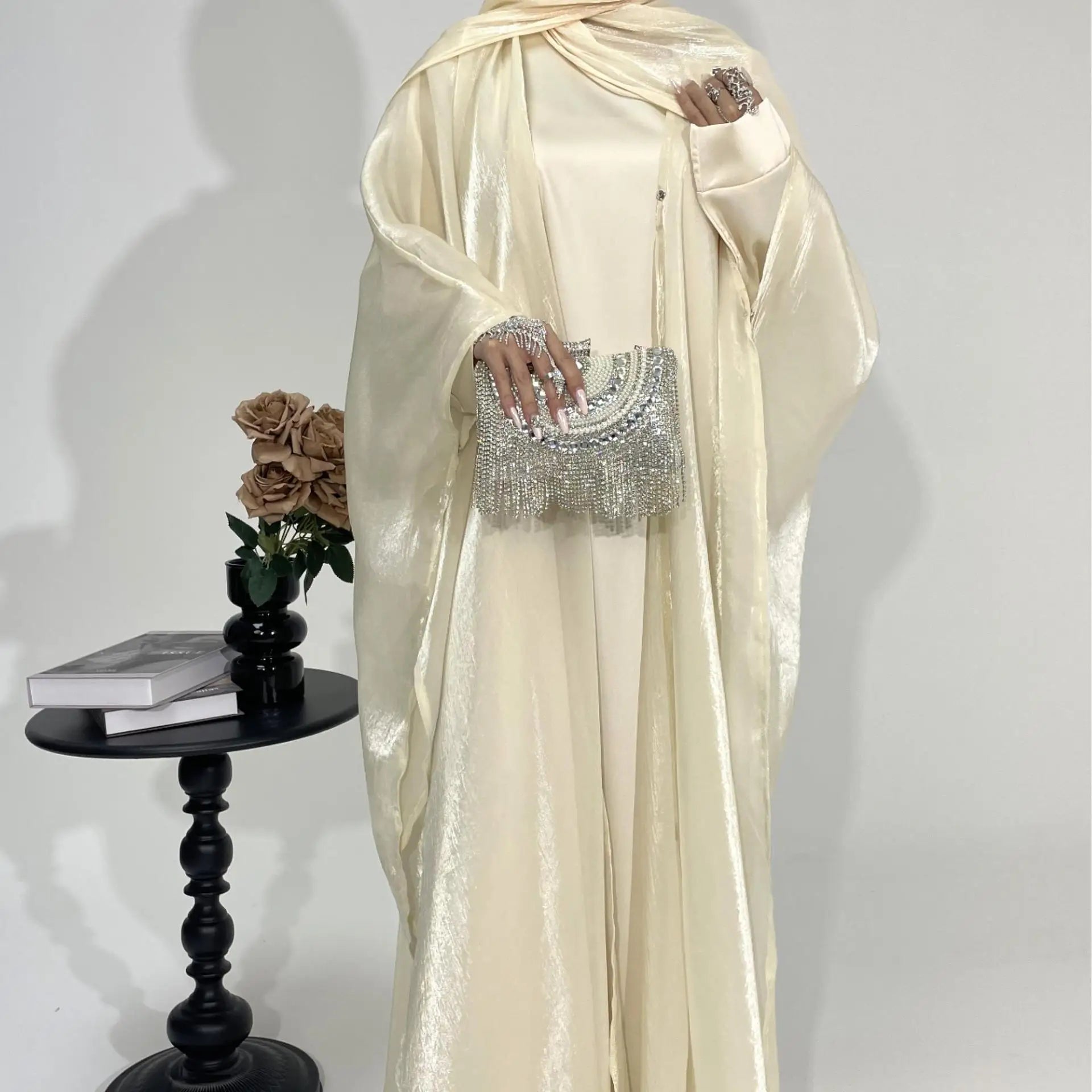 Muslim 2025 New Fashion Women's Solid Color Elegant Casual Trendy Loose 2 Piece Sets Long Sleeve Cardigan Coat Inner Dresses.