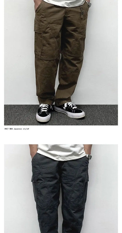 Autumn Men's Pants Multi-Pocket Cargo Pants Retro Solid Color Simple Loose Button Elastic Strap Casual Pants.