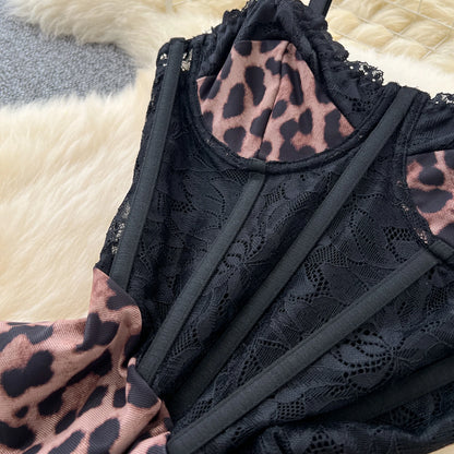 SINGREINY Sexy Party Langes Kleid Spaghettiträger Korsett Schlanke Spitze Patchwork Geraffte Mesh Rückenfrei 2025, Leopardenmuster Maxi-Sommerkleid.