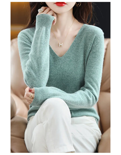 Herbst Winter Frauen Pullover 2025, Koreanische Mode Strickwaren Warme Lange Hülse V-ausschnitt Stricken Pullover Slim Fit Bodenbildung Shirt Jumper