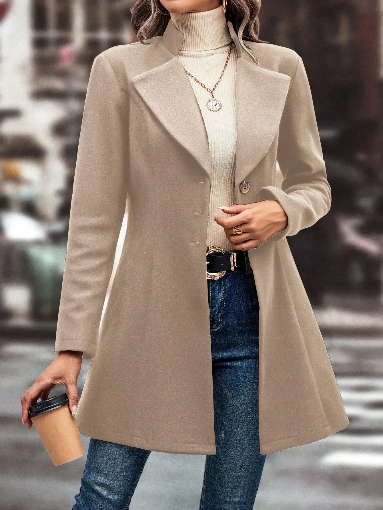 Strickjacke mischt solide Langarm Einreiher Oberbekleidung Loose Fit Knopf umdrehen Kragen Wolle Mäntel Knopf Büro Dame