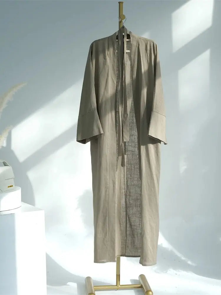 Eid Summer Cotton Linen Kimono Coat Dubai Open Abaya 2024 Muslim for Women Set Retro Kaftan Modest Dresses Islam Clothing Kebaya
