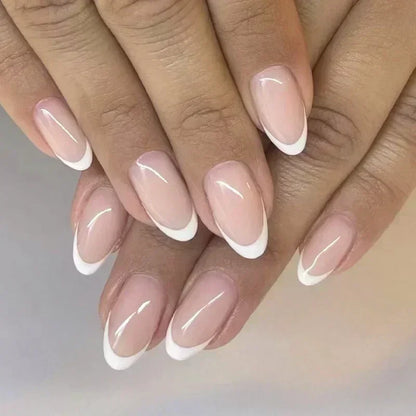 24Pcs French False Nails Almond Fake Nails with Glue Press on White Edge Design Wearable Simple Ins Pink Stiletto Nail Tips.