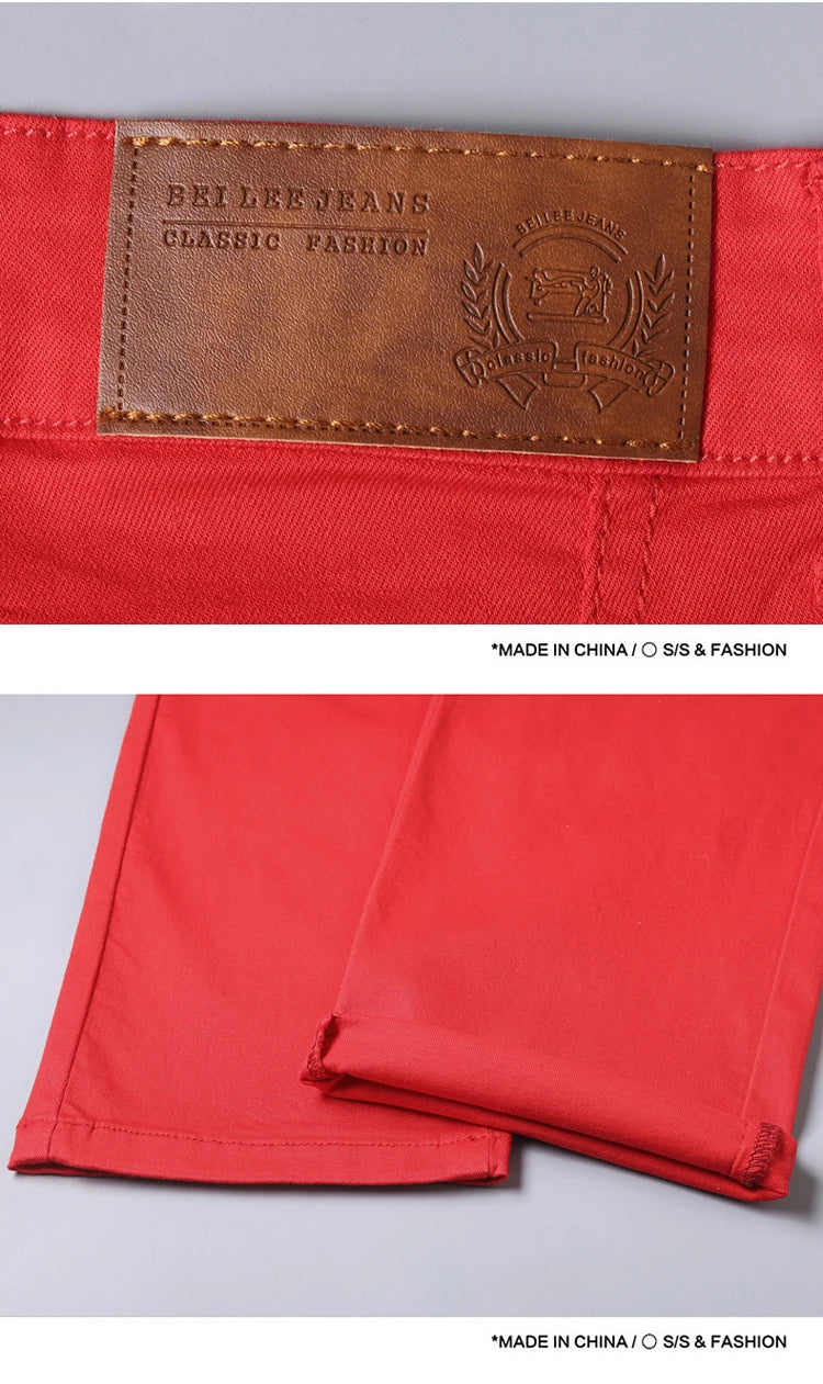 Spring and Autumn Men's Multi-Pocket Design Jeans Fashionable and Versatile White Khaki Red Comfortable Stretch Denim Pants