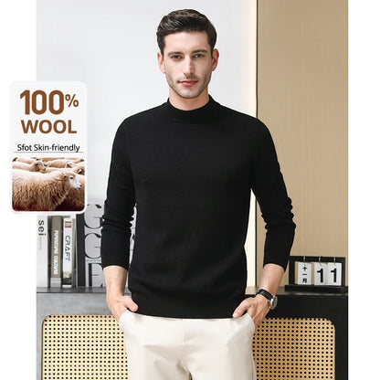 High End 100% Wool Thick New Autum Winter Fashion Brand Pullover Knit Half Turtleneck Business Sweater Casual Men Clothing