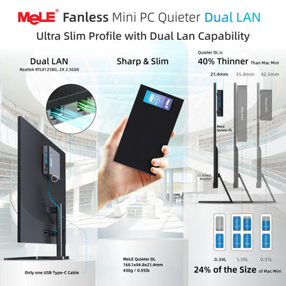 MeLE QuieterDL Fanless Mini PC 2.5Gb Dual LAN N100 Micro PC USB-C HDMI2.0+DP1.4 Triple Display Desktop Computers.