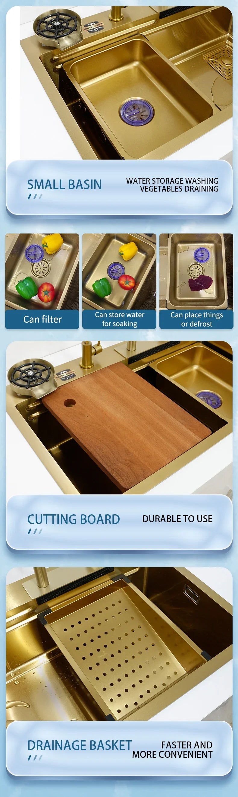 Waterfall Kitchen Sink Gold 304 Stainless Steel Modern Multifuctional Large Sink  Above Counter Apron Front Installation