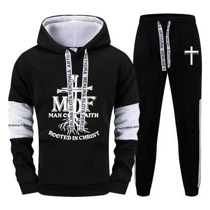 Man of Faith Hoodie Sweatpants 2pcs Set Men's Tracksuit Autumn Winter Daily Casual Sport Jogging Suit Home Outdoor Hooded Outfit.